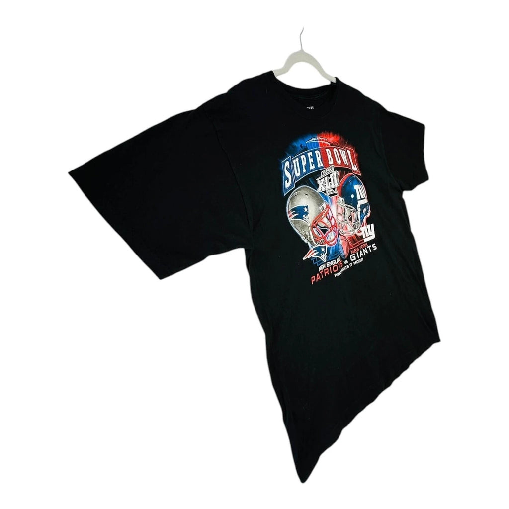 Reebok black t-shirt graphic print Super Bowl XLII helmets and team colors.