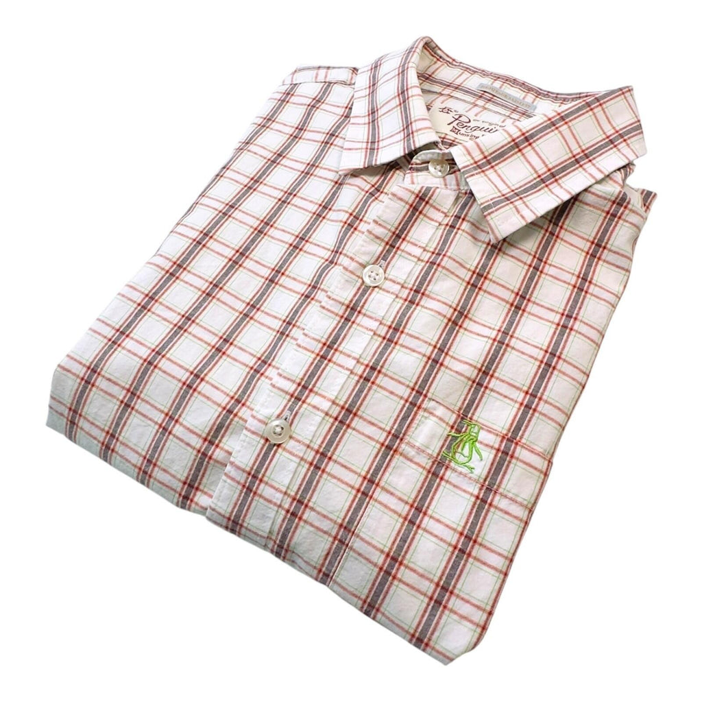 Penguin Shirt Men's UK Size L White Plaid Short Sleeve