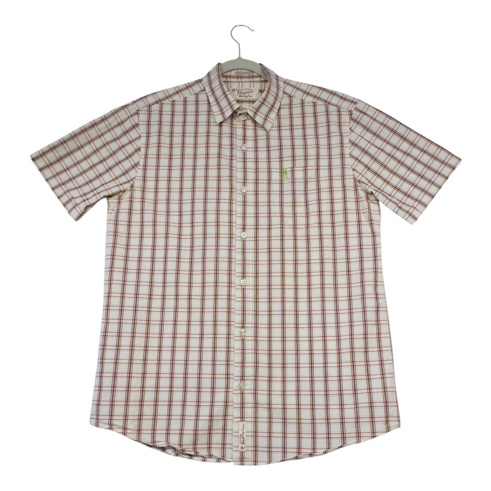 Penguin Shirt Men's UK Size L White Plaid Short Sleeve