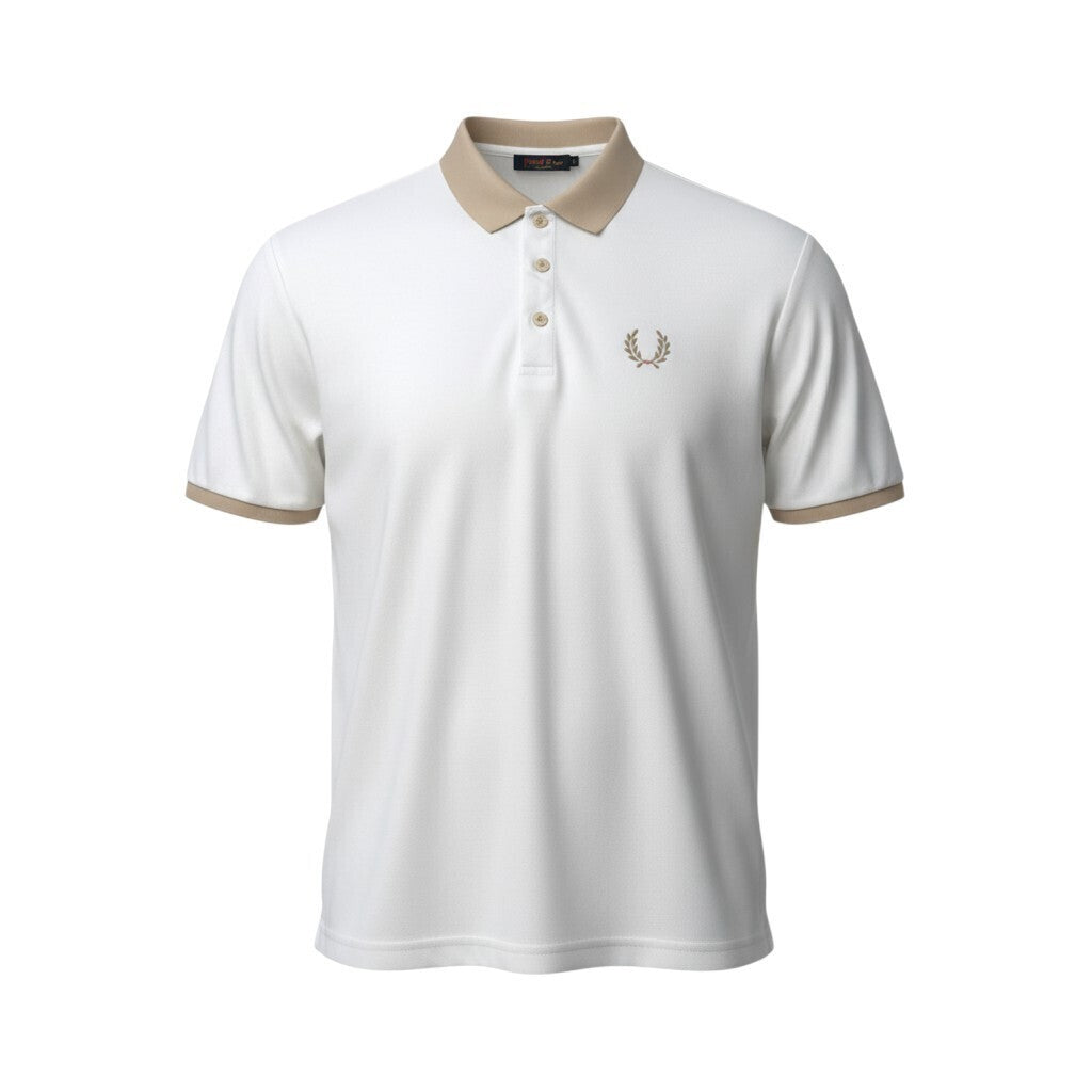 Laurel Wreath white polo shirt with graphic print and structured neckline.