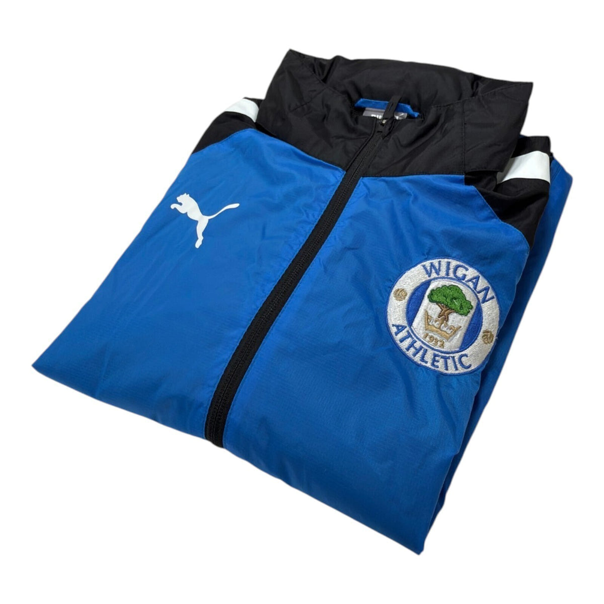 PUMA blue rain jacket full zip with Wigan Athletic logo and long sleeves.