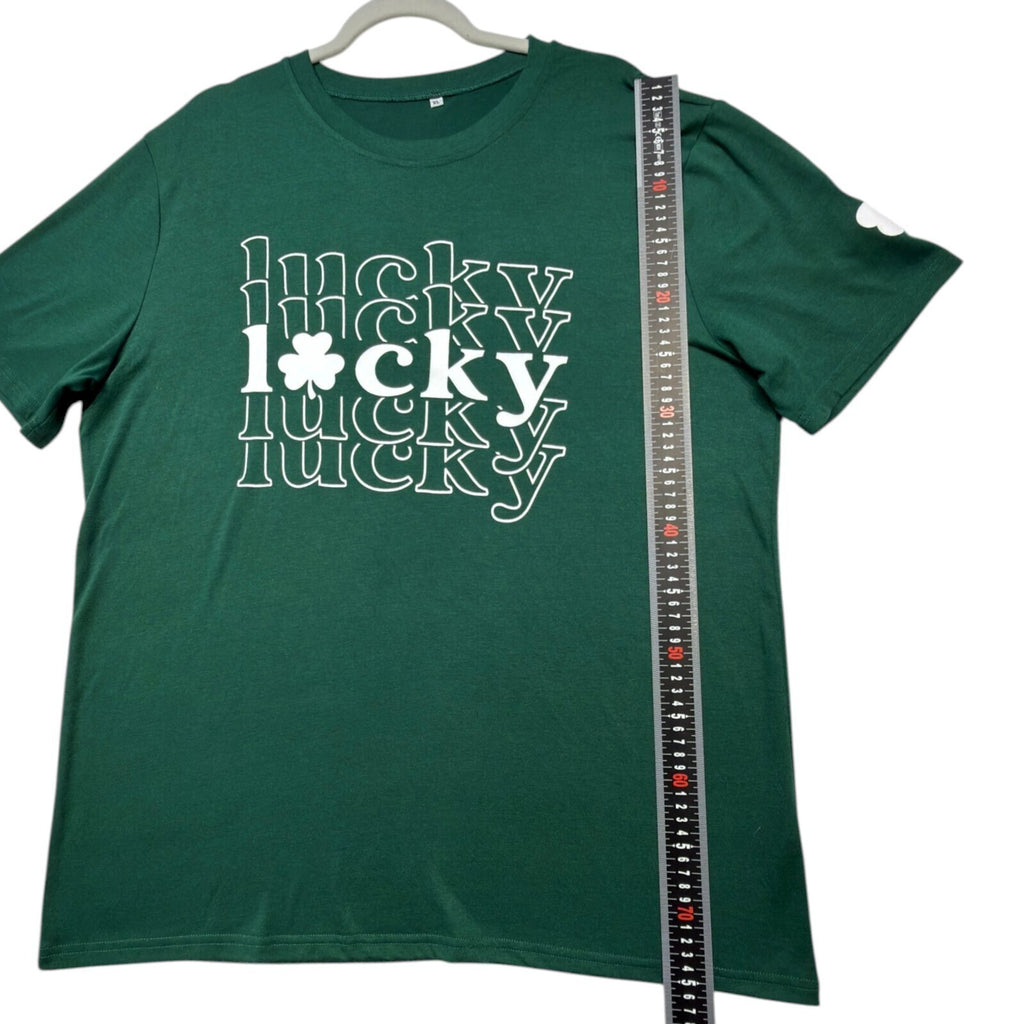 Lucky Star green graphic print t-shirt with repeated lettering and lucky charm design.