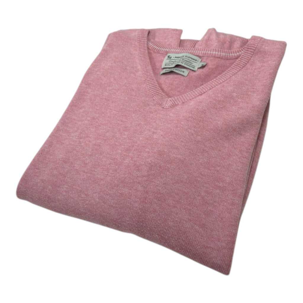 Tu pink crewneck sweater pure cotton v-neck long sleeve casual style