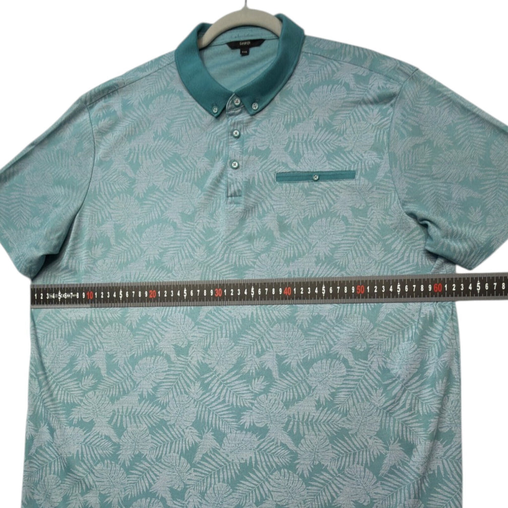 George green polo shirt with pocket, button-down, nature-inspired pattern.