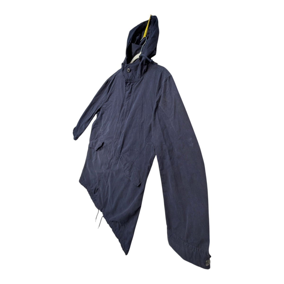 Admiral blue rain coat with drawstring waist, hood, and logo detail.