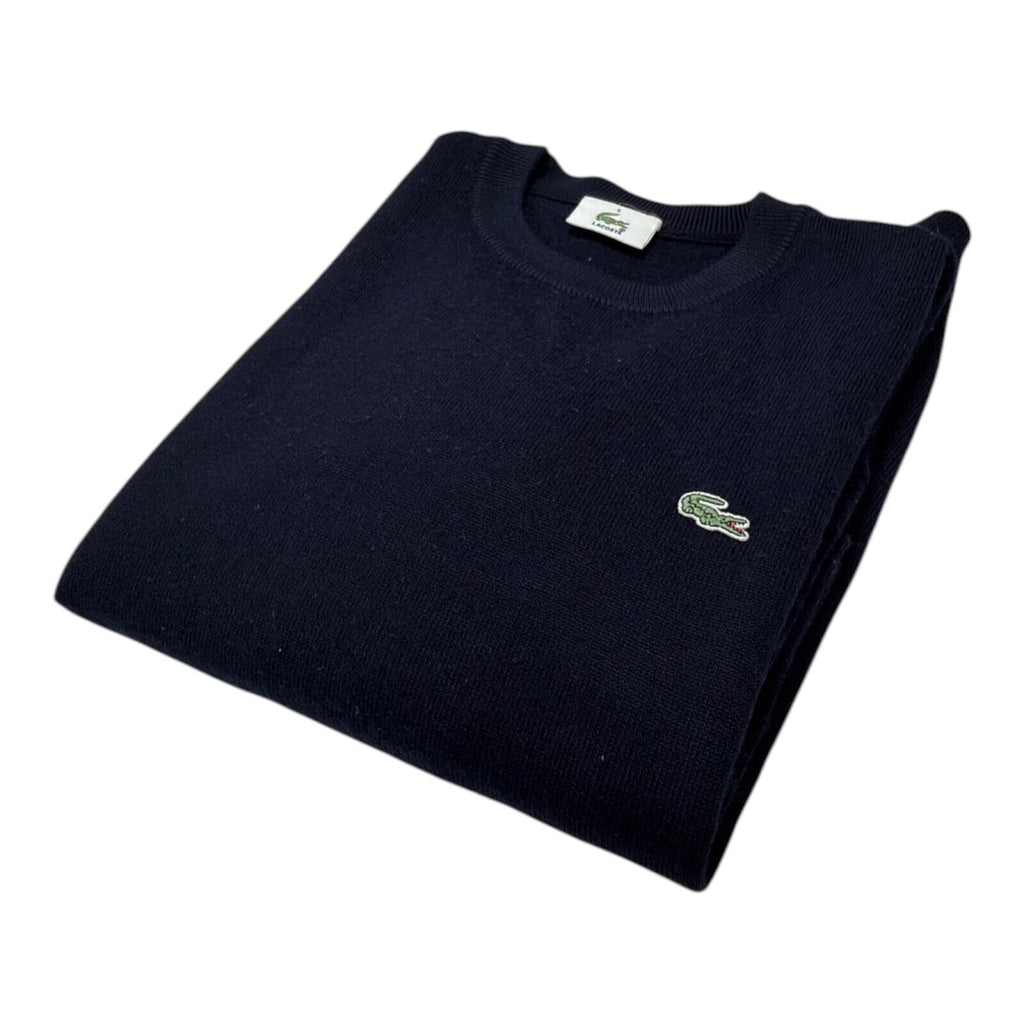 Lacoste blue crewneck sweater long sleeve with embroidered logo and ribbed cuffs.
