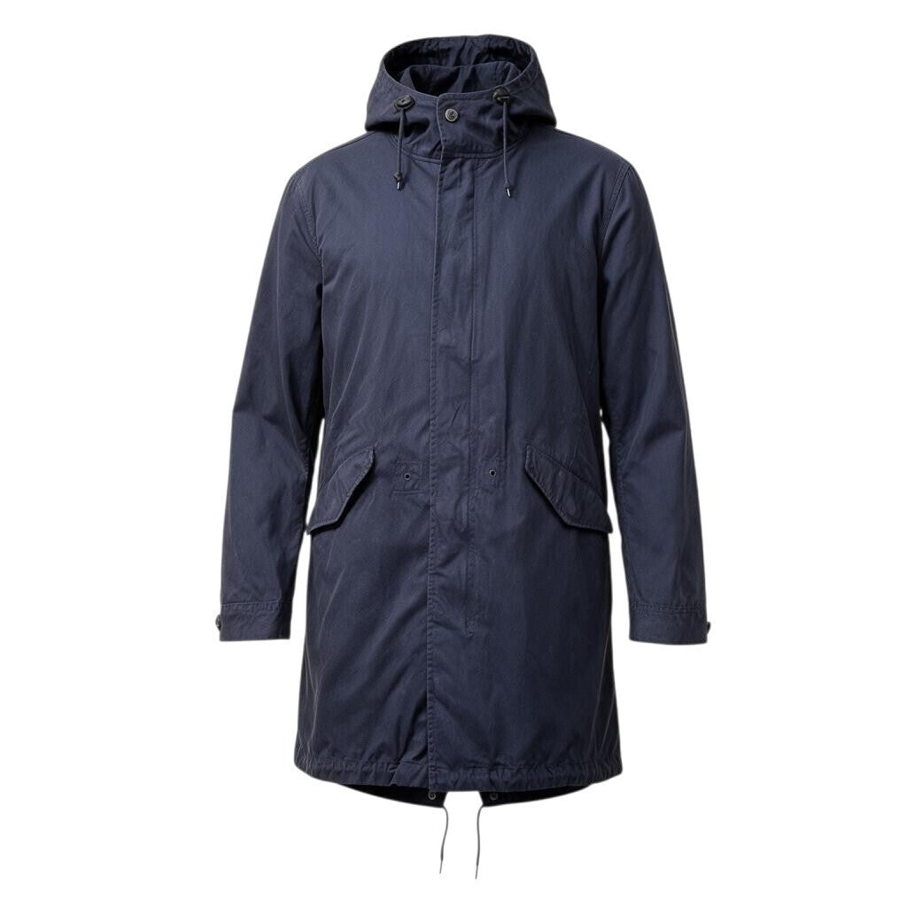 Admiral blue rain coat with drawstring waist, hood, and logo detail.