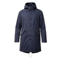 Admiral blue rain coat with drawstring waist, hood, and logo detail.