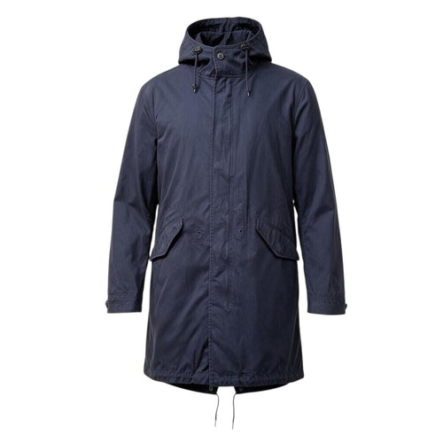 Admiral blue rain coat with drawstring waist, hood, and logo detail.