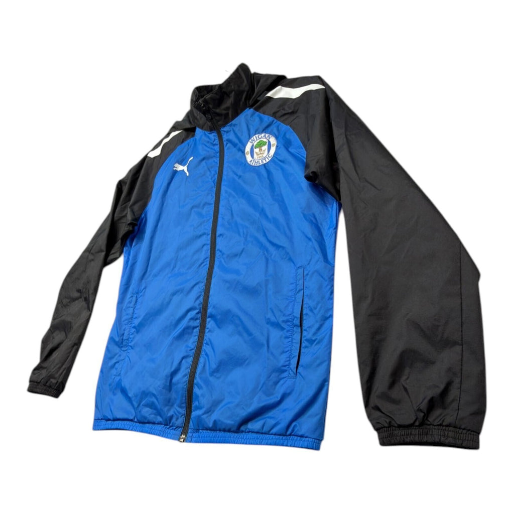 PUMA blue rain jacket full zip with Wigan Athletic logo and long sleeves.