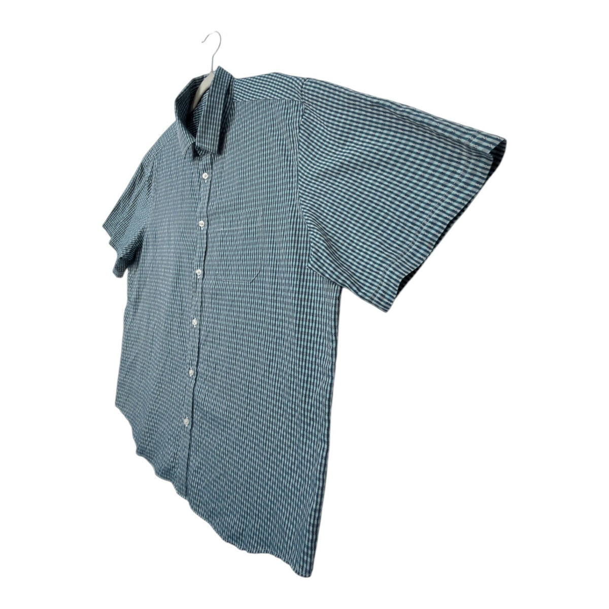 Marks & Spencer blue short sleeve shirt with pocket and subtle patterned design.