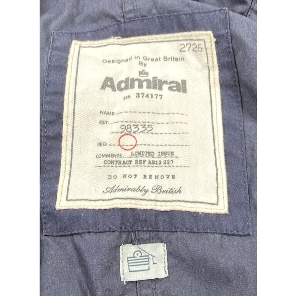 Admiral blue rain coat with drawstring waist, hood, and logo detail.