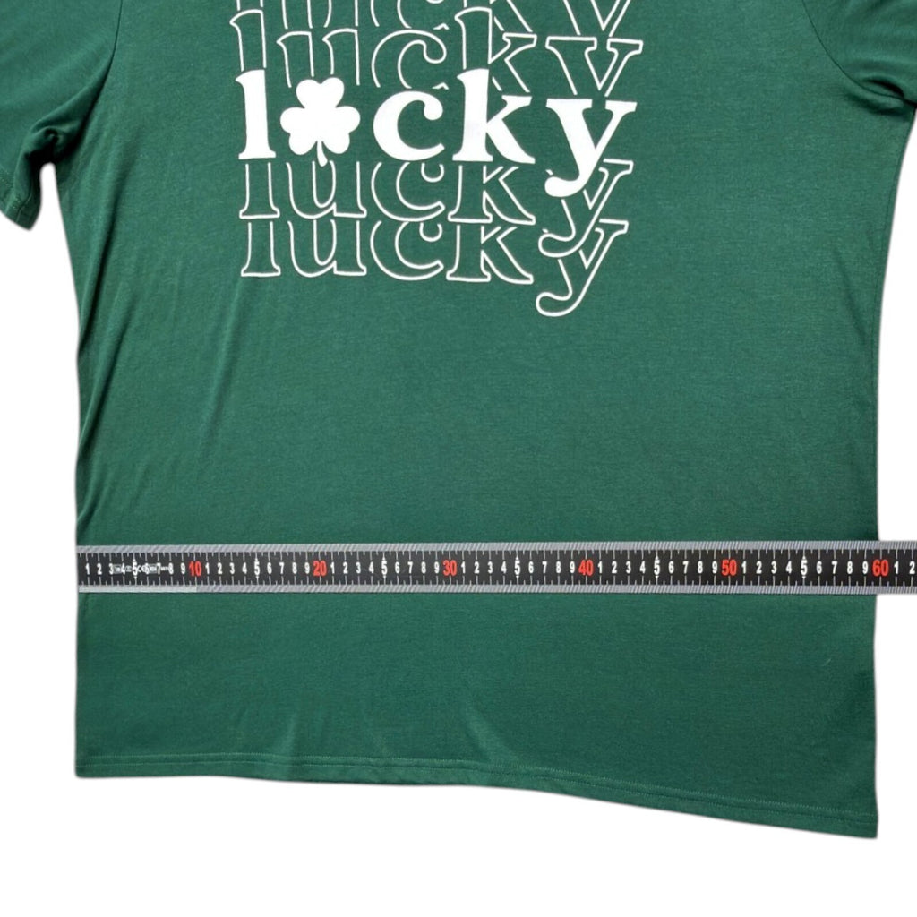 Lucky Star green graphic print t-shirt with repeated lettering and lucky charm design.