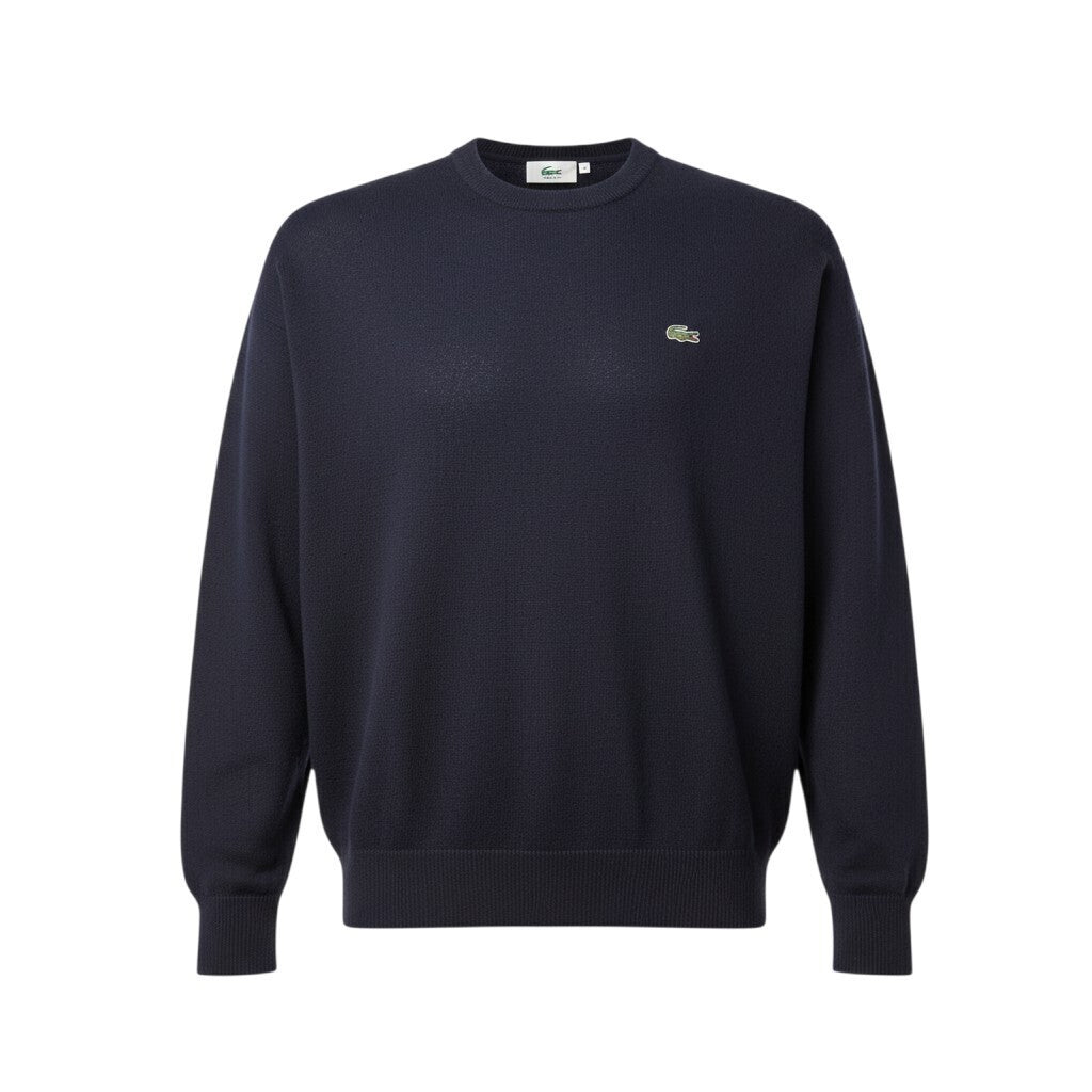 Lacoste blue crewneck sweater long sleeve with embroidered logo and ribbed cuffs.