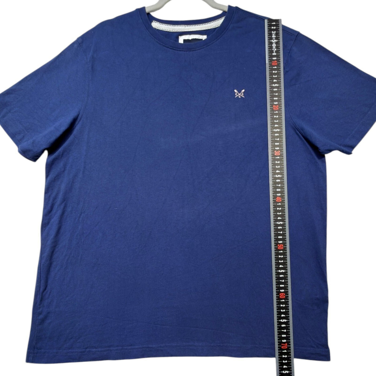 Crew Clothing blue t-shirt with embroidered logo and short sleeves, men's size 2XL.