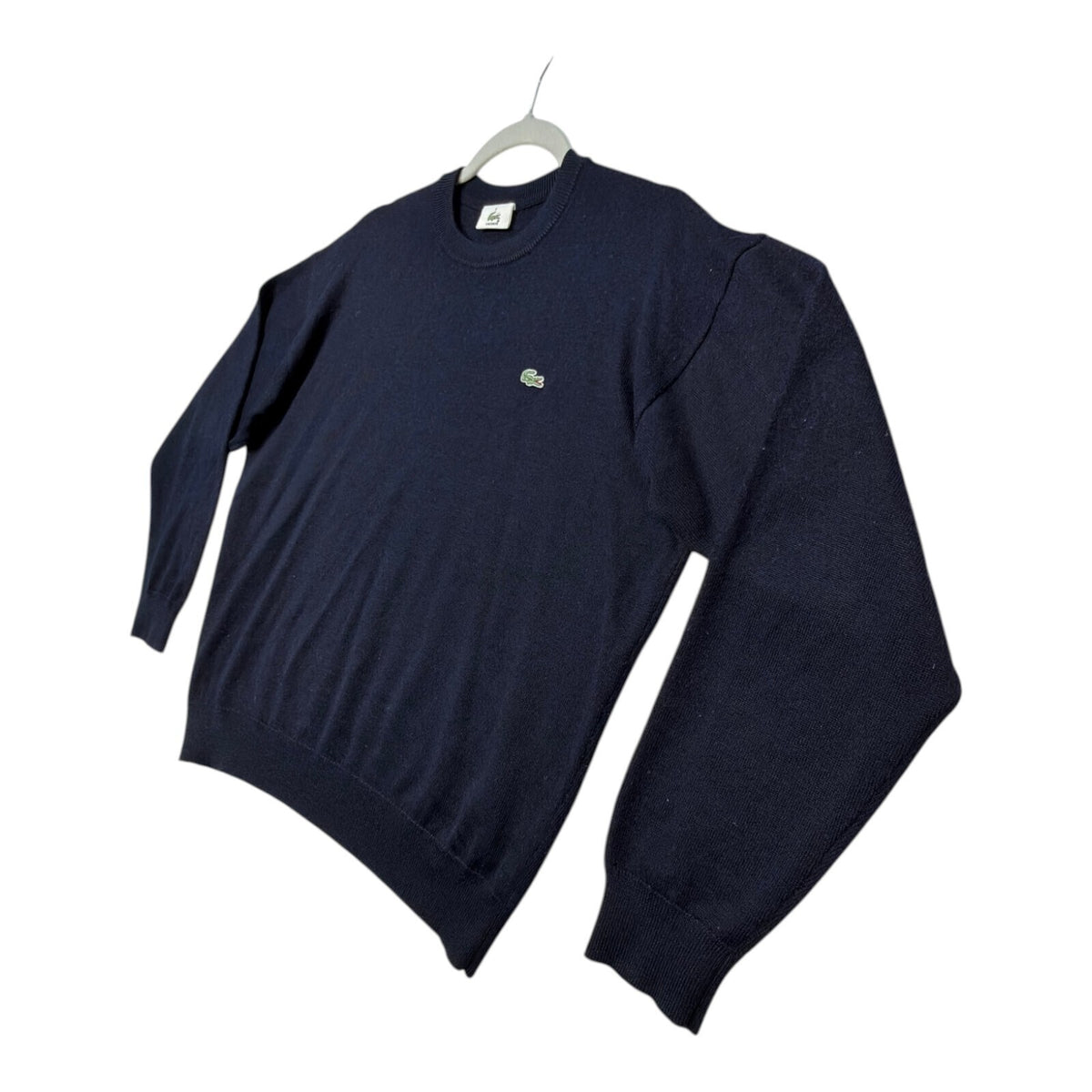 Lacoste blue crewneck sweater long sleeve with embroidered logo and ribbed cuffs.