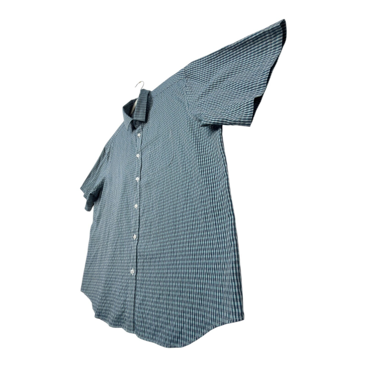 Marks & Spencer blue short sleeve shirt with pocket and subtle patterned design.