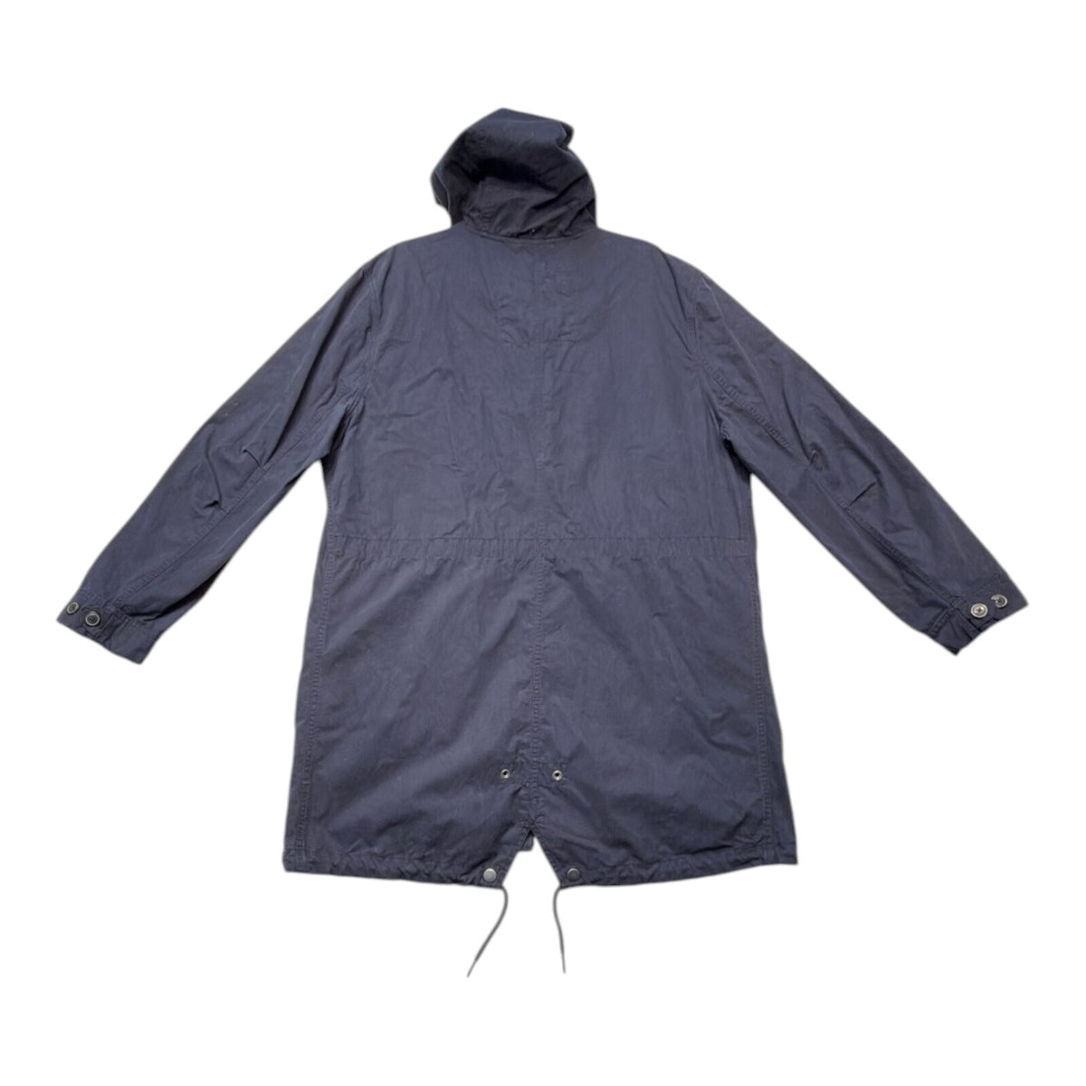 Admiral blue rain coat with drawstring waist, hood, and logo detail.