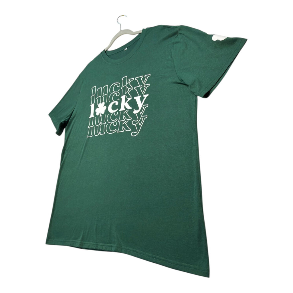 Lucky Star green graphic print t-shirt with repeated lettering and lucky charm design.