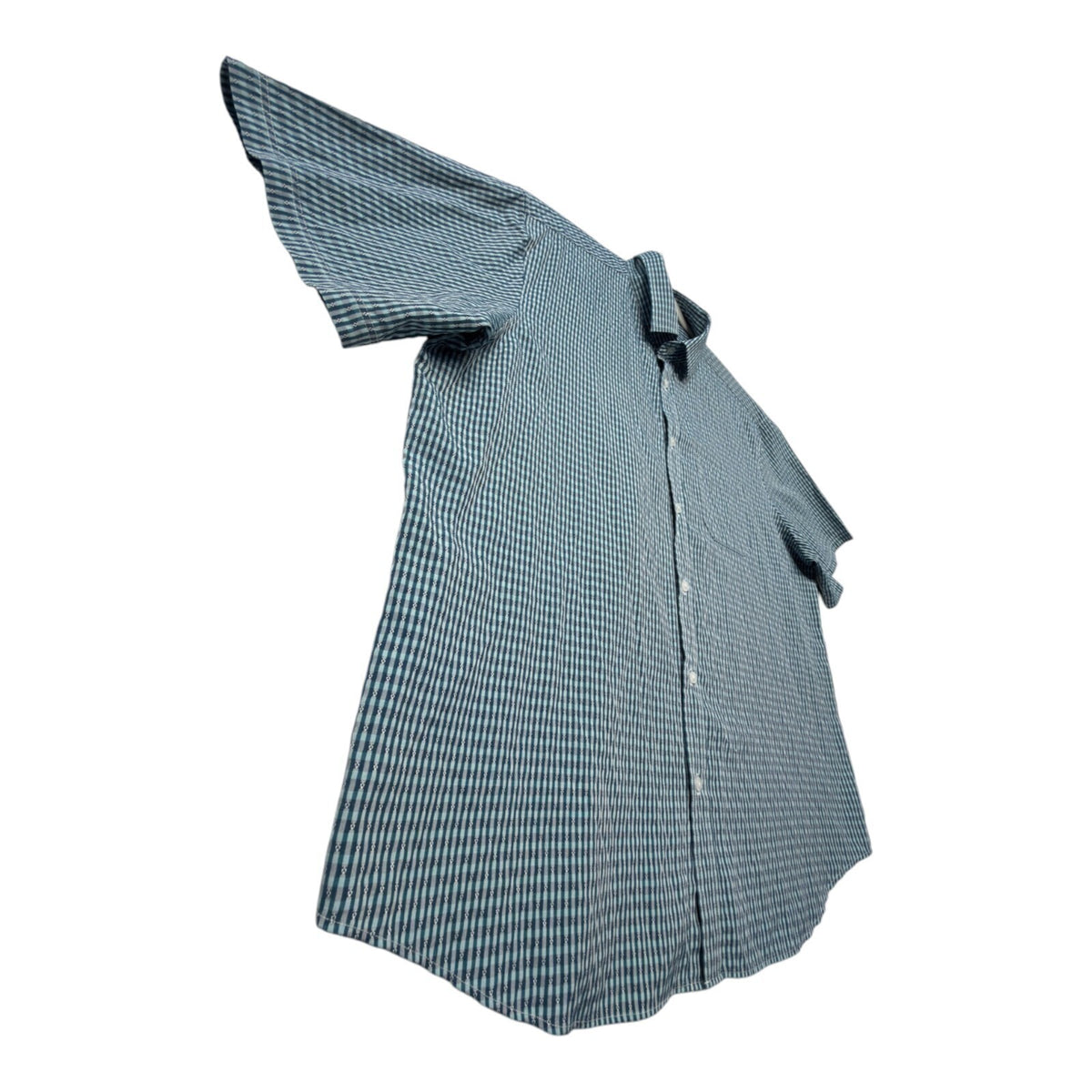 Marks & Spencer blue short sleeve shirt with pocket and subtle patterned design.