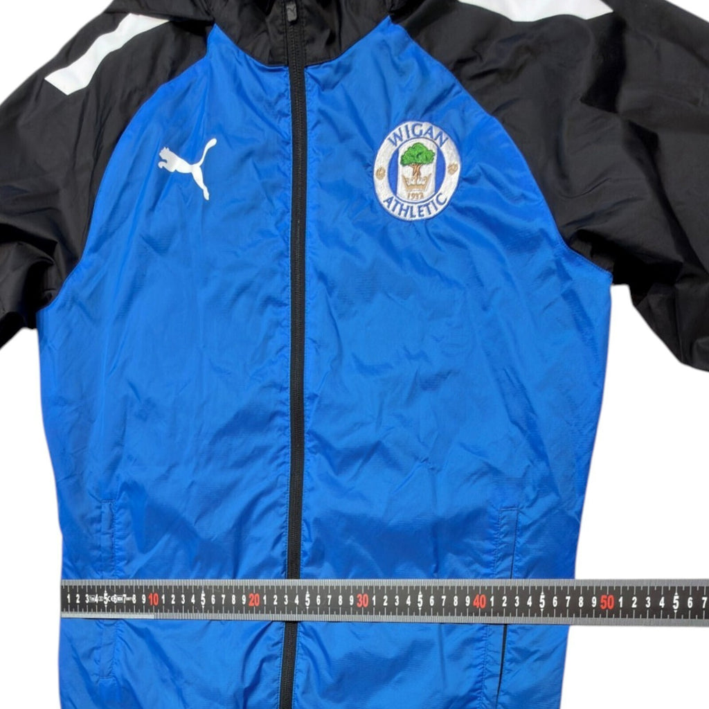 PUMA blue rain jacket full zip with Wigan Athletic logo and long sleeves.