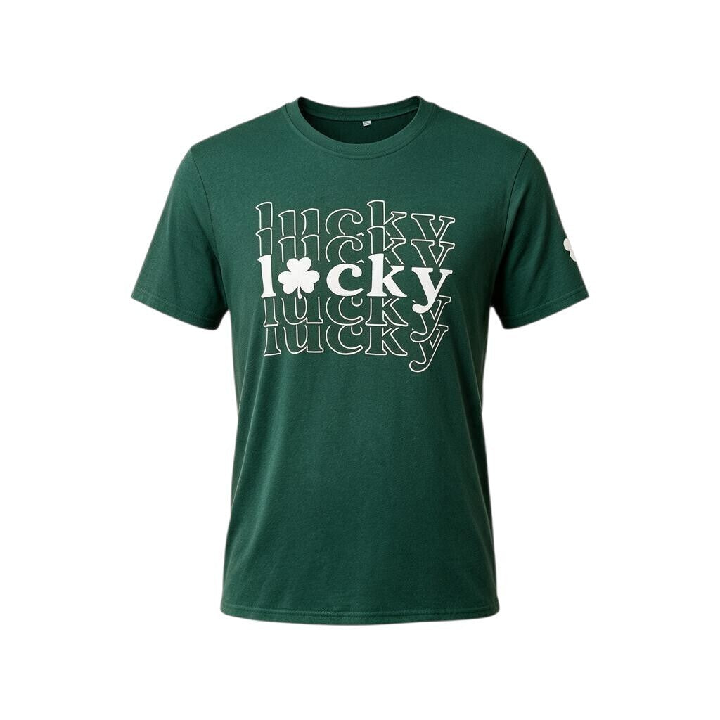 Lucky Star green graphic print t-shirt with repeated lettering and lucky charm design.