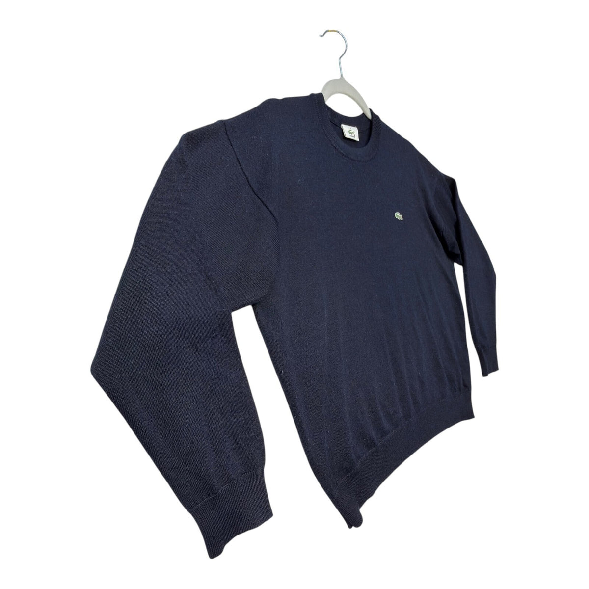 Lacoste blue crewneck sweater long sleeve with embroidered logo and ribbed cuffs.