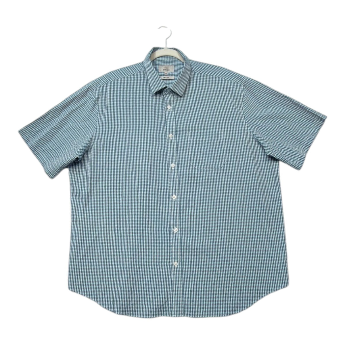Marks & Spencer blue short sleeve shirt with pocket and subtle patterned design.