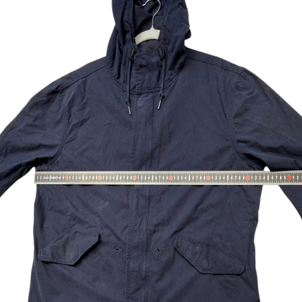 Admiral blue rain coat with drawstring waist, hood, and logo detail.