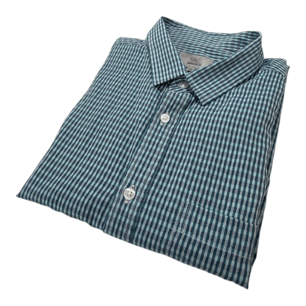 Marks & Spencer blue short sleeve shirt with pocket and subtle patterned design.