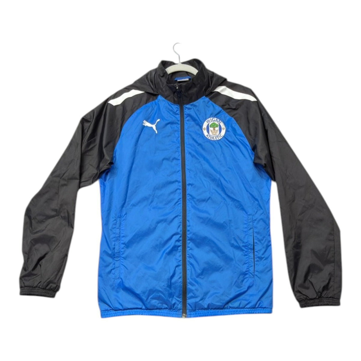 PUMA blue rain jacket full zip with Wigan Athletic logo and long sleeves.