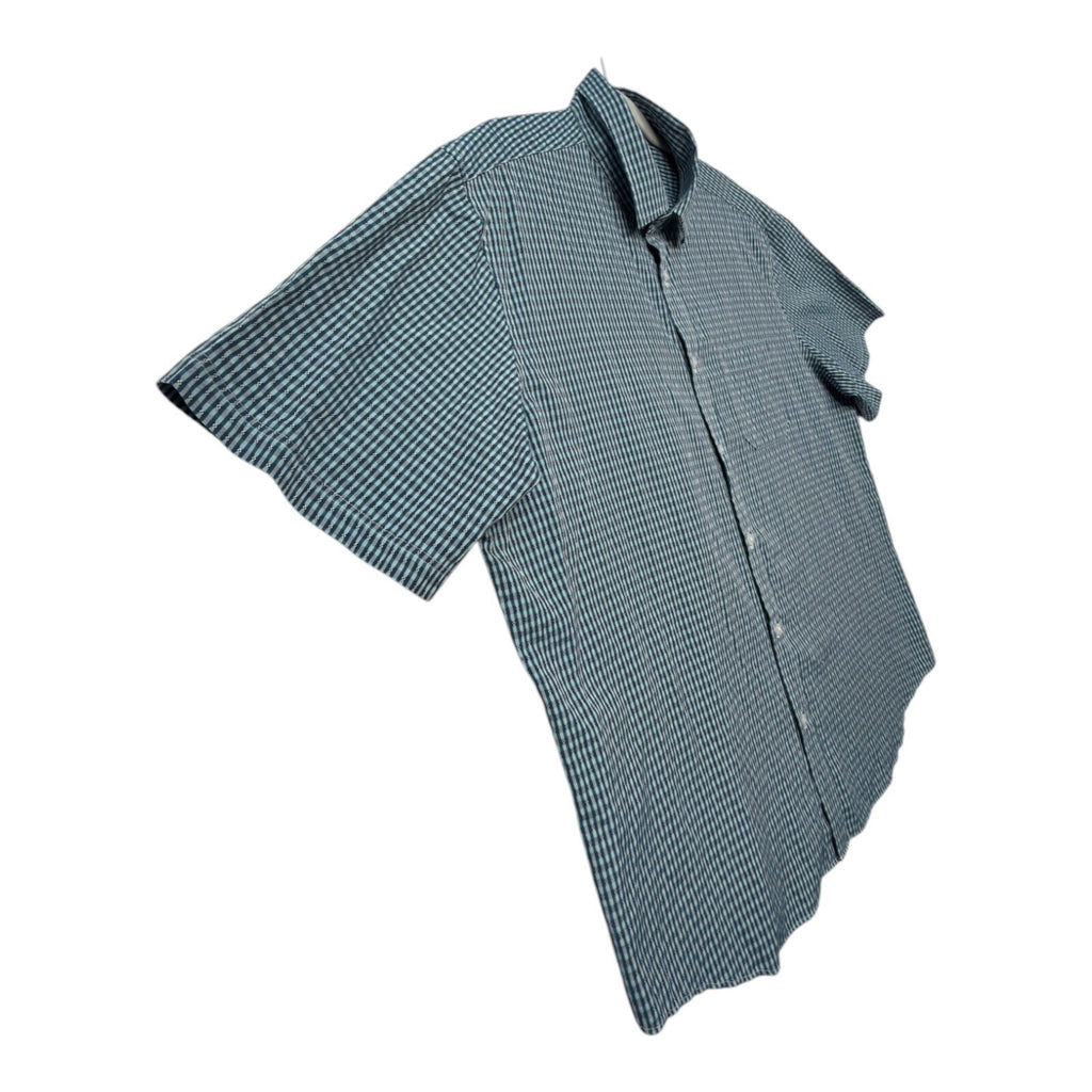 Marks & Spencer blue short sleeve shirt with pocket and subtle patterned design.