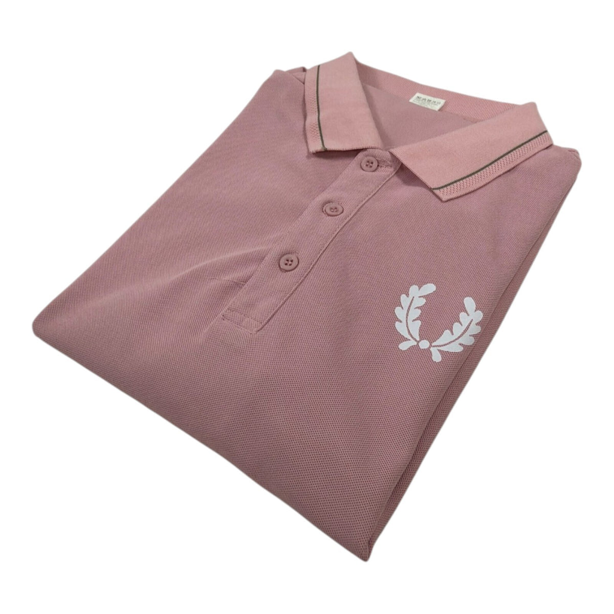 Laurel Wreath pink polo shirt with graphic print and embroidered logo, short sleeves.
