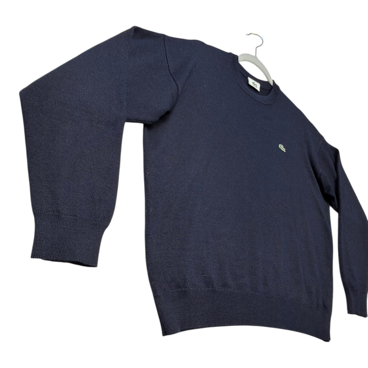 Lacoste blue crewneck sweater long sleeve with embroidered logo and ribbed cuffs.