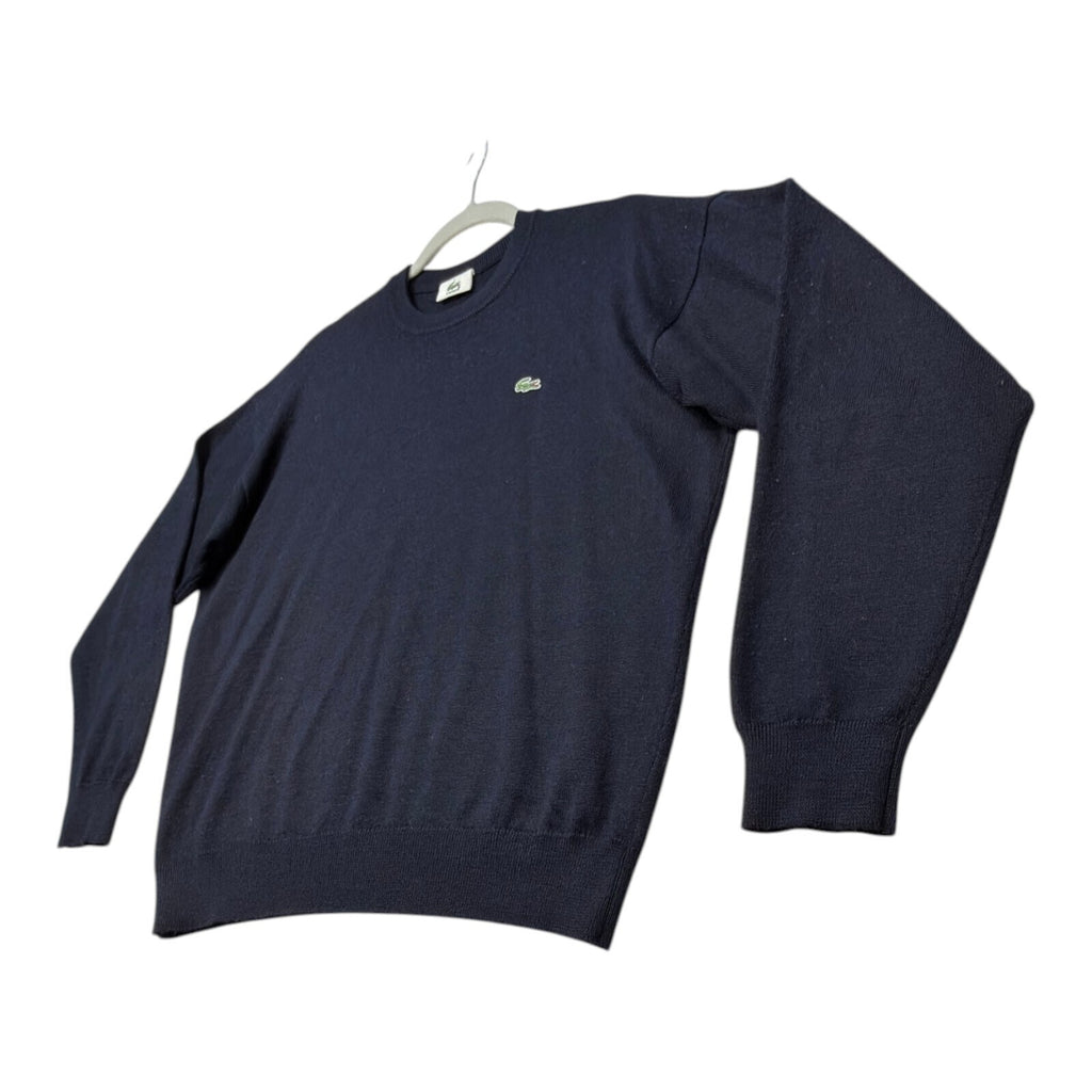 Lacoste blue crewneck sweater long sleeve with embroidered logo and ribbed cuffs.