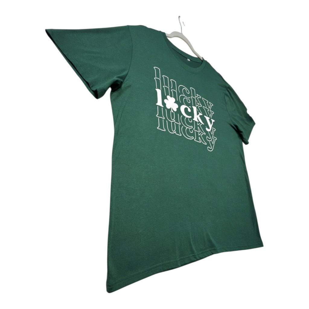 Lucky Star green graphic print t-shirt with repeated lettering and lucky charm design.