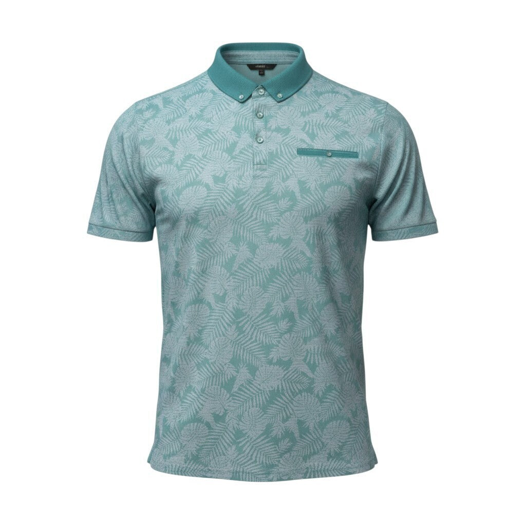 George green polo shirt with pocket, button-down, nature-inspired pattern.