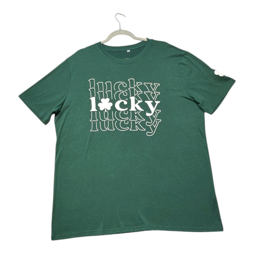 Lucky Star green graphic print t-shirt with repeated lettering and lucky charm design.