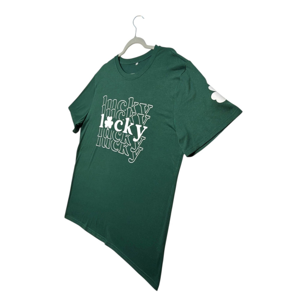 Lucky Star green graphic print t-shirt with repeated lettering and lucky charm design.