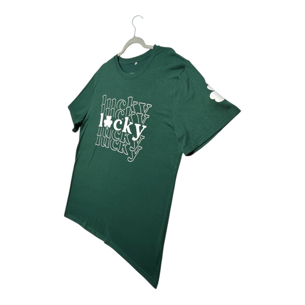 Lucky Star green graphic print t-shirt with repeated lettering and lucky charm design.