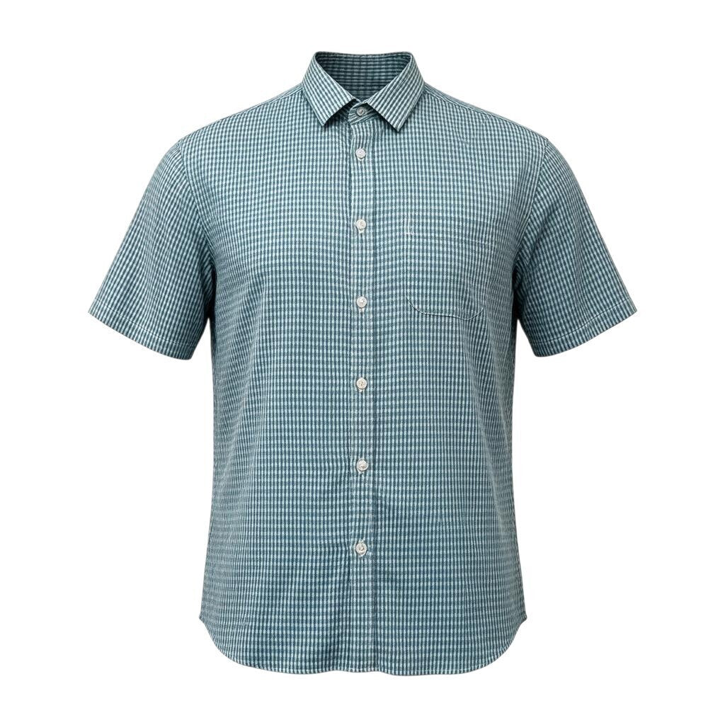 Marks & Spencer blue short sleeve shirt with pocket and subtle patterned design.