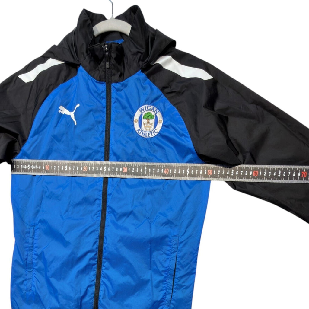 PUMA blue rain jacket full zip with Wigan Athletic logo and long sleeves.