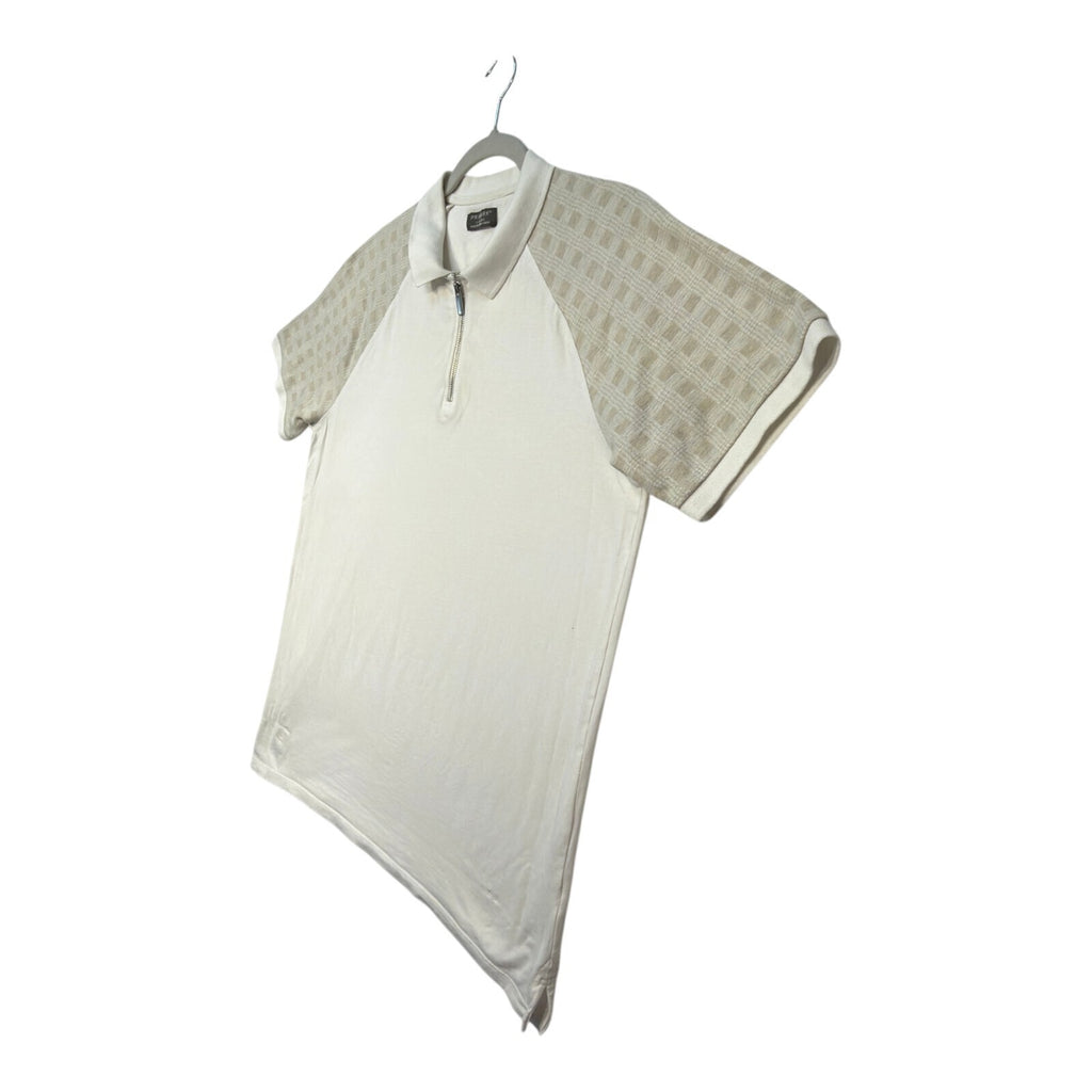 Primark beige zip polo shirt with wing collar and contrasting patterned panels.