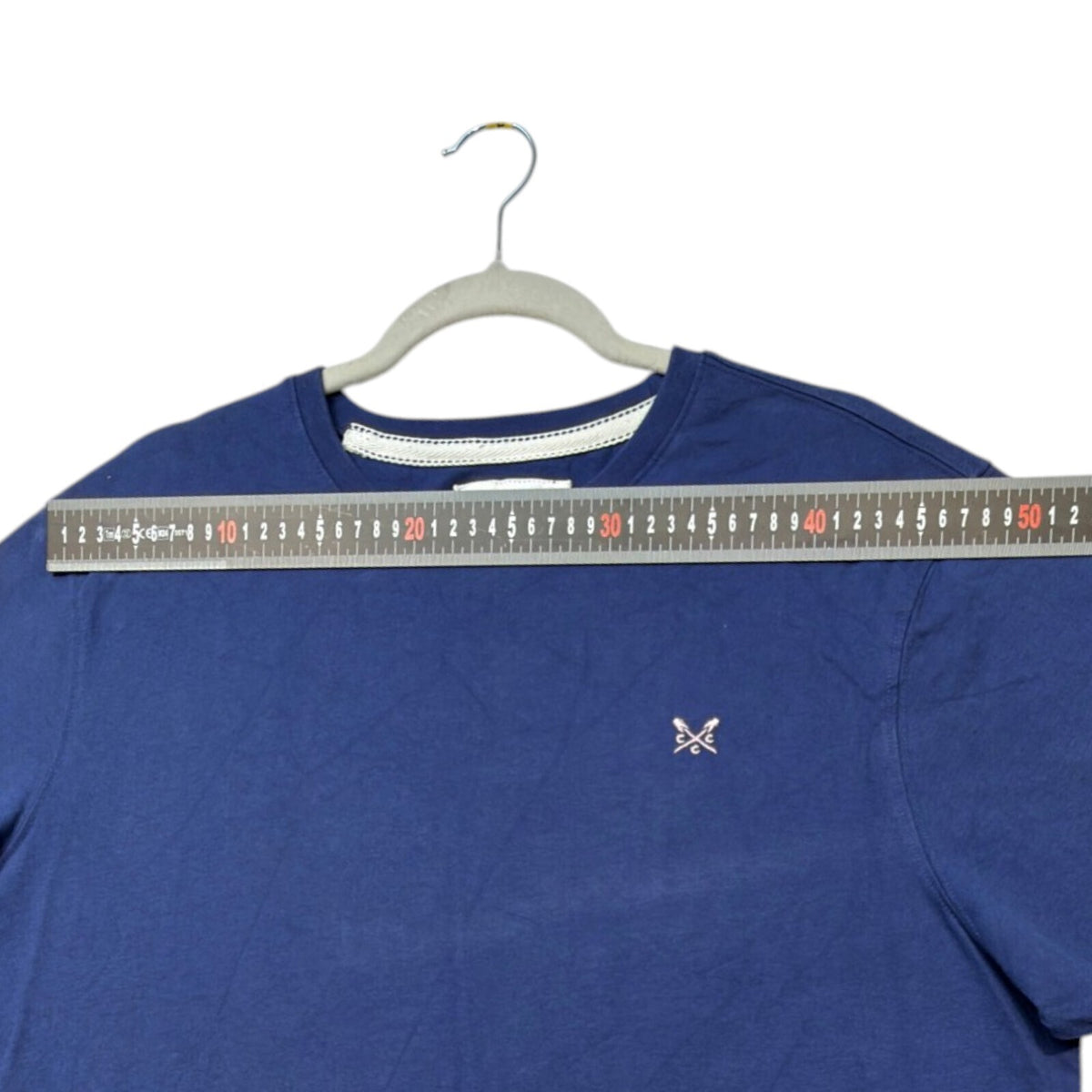 Crew Clothing blue t-shirt with embroidered logo and short sleeves, men's size 2XL.