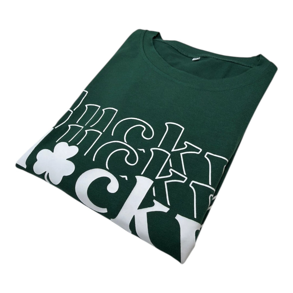 Lucky Star green graphic print t-shirt with repeated lettering and lucky charm design.