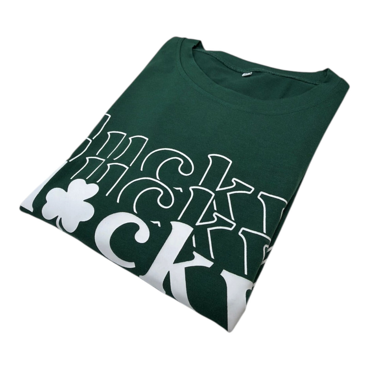 Lucky Star green graphic print t-shirt with repeated lettering and lucky charm design.