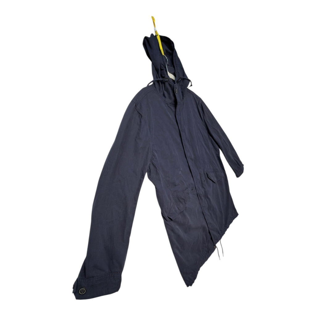 Admiral blue rain coat with drawstring waist, hood, and logo detail.