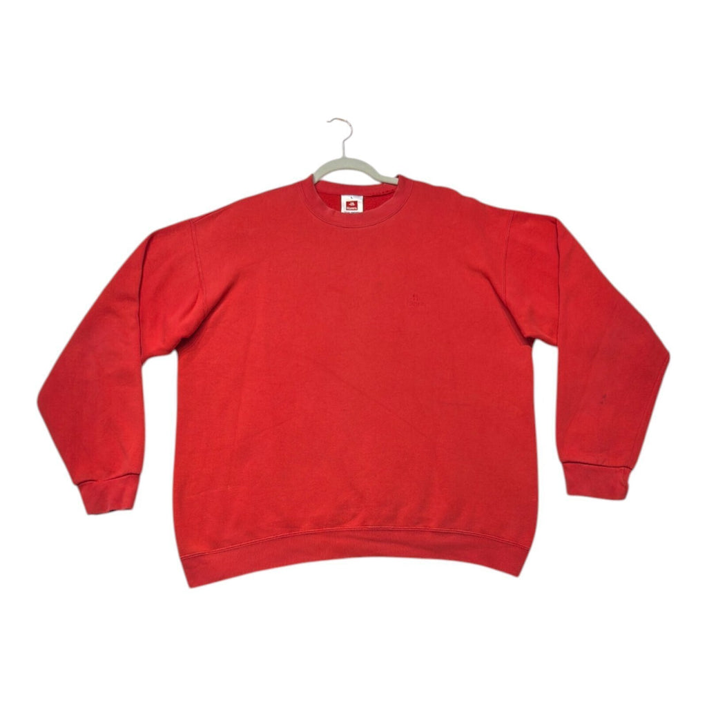 Hanes red crewneck jumper with long sleeves and elasticated cuffs.