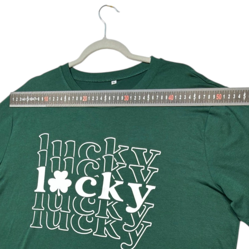 Lucky Star green graphic print t-shirt with repeated lettering and lucky charm design.