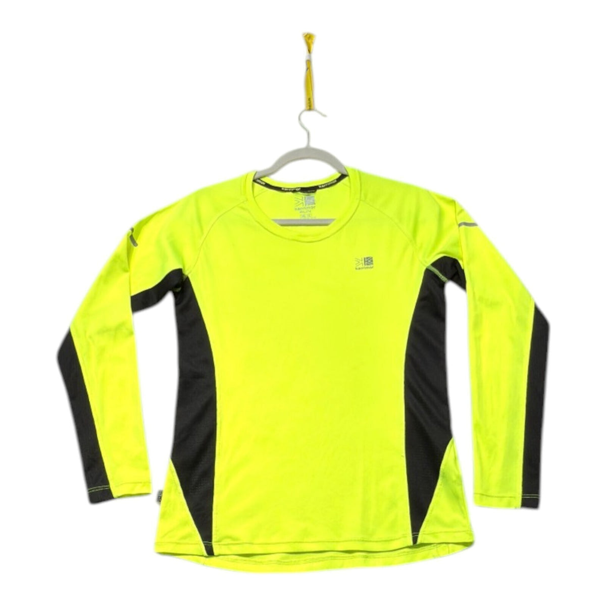 Karrimor yellow long sleeve run top with fluorescent accents and logo detail.